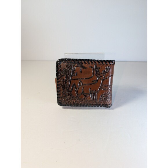 Vintage Hand Tooled Leather Wallet Deer Forest Scene Western Bifold Snap Brown - Picture 5 of 15